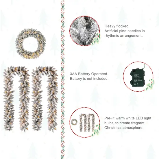 36"D Oversized Pre-Lit Snow Flocked Christmas Wreath and Matched 2pk 9ft Garland Set with Timer {5}