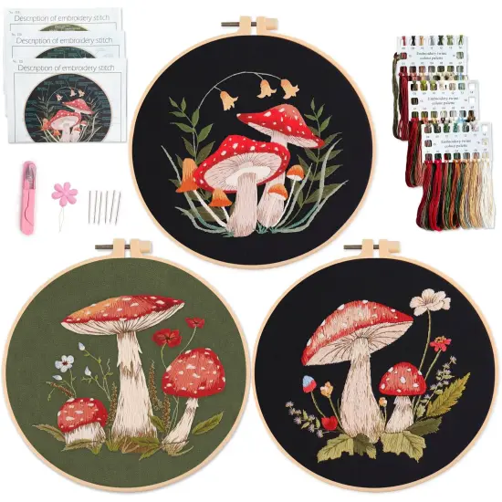 3 Sets Mushroom Embroidery kit, Adult Beginner DIY Needle kit,Art Craft Handy Sewing Set {1}