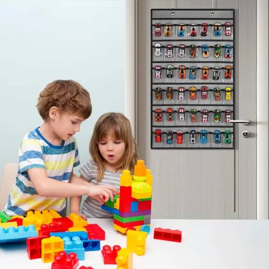 Toy Car Storage Organizer Hanging Toy Wheels Cars Holder Matchbox Cars Display Case with 42 Clear Pockets (One Side-Grey) {5}