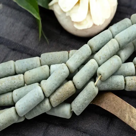 10x25mm Matte Pale Turquoise Pompeii Tube Beads (18" Strand) - Indonesian Glass Beads {3}