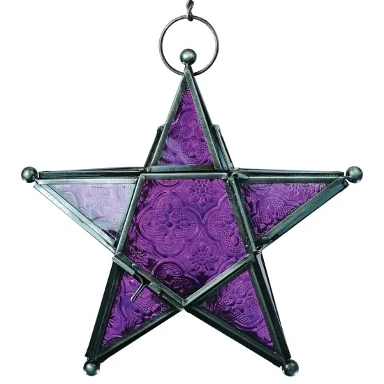 In the Breeze 9219 &mdash; Purple 5-Point Star Tealight Lantern &mdash; Moroccan-Style Boho Chic Glass and Metal Tealight Hanging Lantern {1}