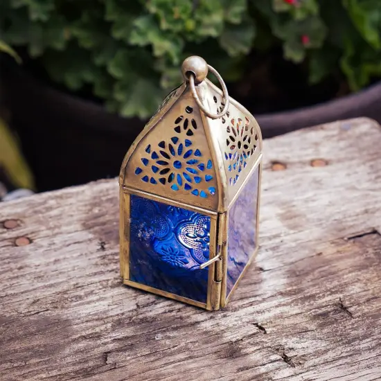 In the Breeze 9201 &mdash; Blue Mini Square Tealight Lantern &mdash; Moroccan-Style Boho Chic Tealight Glass and Metal Tabletop Lantern {2}