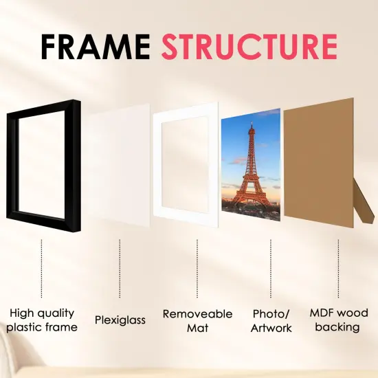 8x10 Picture Frame, Black Photo Frame with HD Plexiglass, Display Pictures 5x7 with Mat or 8x10 Without Mat, Picture Frames Collage for Tabletop or Wall Display, 2 Pack {6}