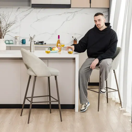 Set of 2 Fabric / Leatherette Bar Stool with Metal Brown Tapered Legs Light grey {2}