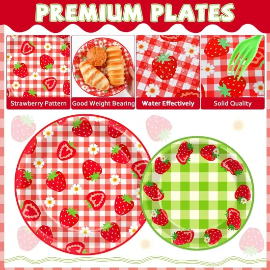 96Pcs Strawberry Party Plates and Napkins Birthday Party Supplies Spring Summer Fruit Paper Dessert Plates Strawberry Themed Tableware Set Disposable for 24 Guests 1st Birthday Party Decorations {3}