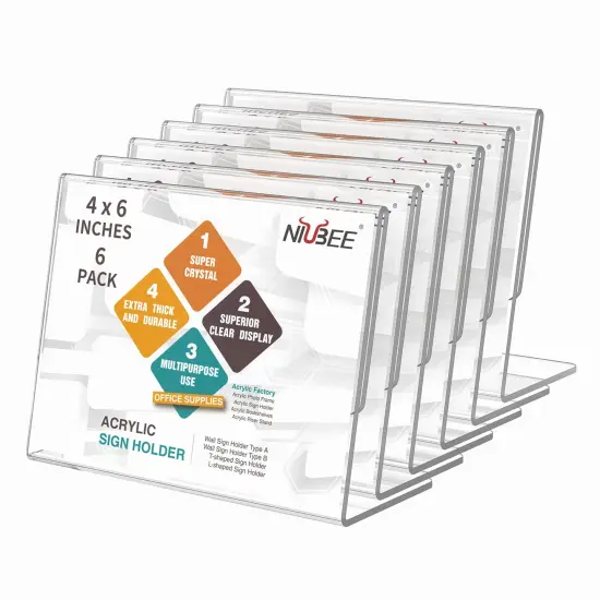 Slanted Back Acrylic Sign Holder 6 x 4 Inches, Clear Plastic Sign Holder Paper Display Table Stand for Office, Store, Restaurant -Horizontal (6 Pack) {1}