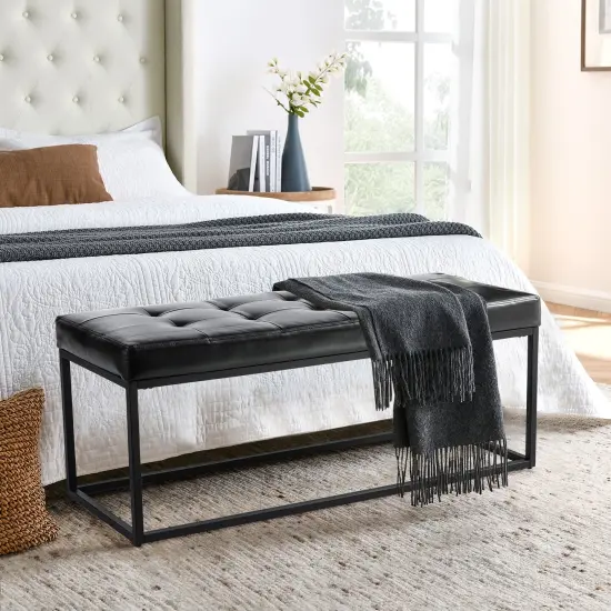 Modern Black Tufted Upholstered Bench with Metal Frame Legs {3}