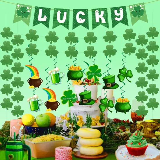 31Pcs St Patricks Day Decorations Pre-Assembled Shamrock Lucky Banner Garlands Clover Hanging Swirls Irish Decor for Home Saint Patrick Party Supplies {6}