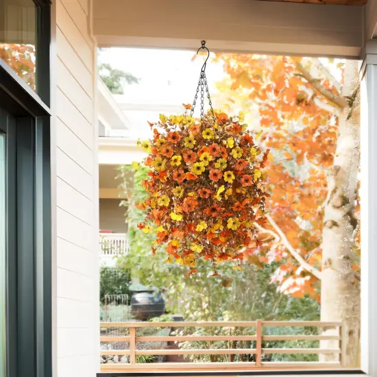 Artificial Faux Hanging Plants Flowers Basket for Outdoor Spring Decoration,Fake Silk Orange Mums planters UV Resistant Look Real for Home Porch Patio Balcony Yard Outside Summer Decor (Orange Yellow) {3}