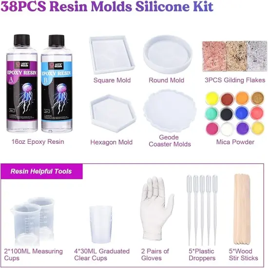 LET'S RESIN Epoxy Resin,Resin Coaster Molds Kit,16oz Resin Starter Kit for Beginners,Include Epoxy Resin,Coaster Molds, and Mica Powder for Resin Casting, Ideal Christmas Gift Set {2}