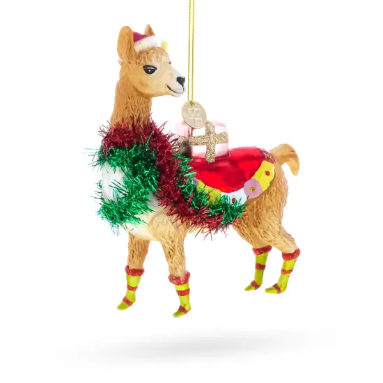 Llama with Presents Glass Christmas Ornament {1}