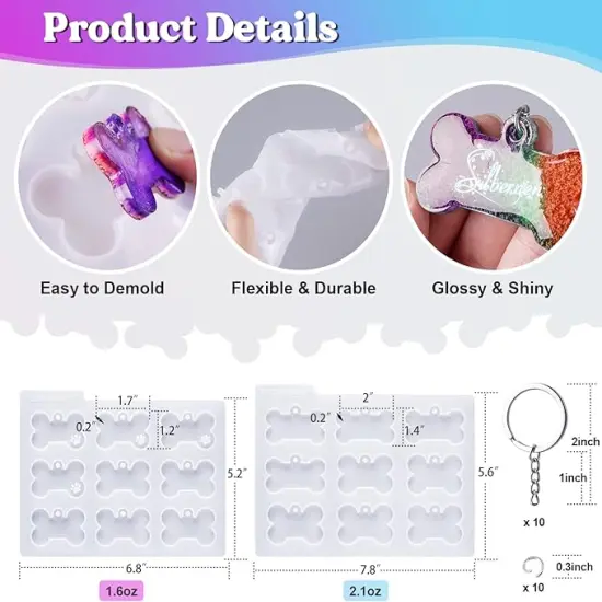 LET'S RESIN Pet Tag Resin Molds Silicone For Cat Dog | Epoxy Resin & UV Resin Bone Shape Keychain Molds with 10Pcs Key Ring & 10pcs Jump Ring, DIY Keychain Pendant Charm Crafts {2}