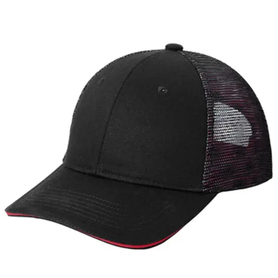 Port Authority&reg; Double Mesh Snapback Sandwich Bill Cap, Structured Mid Profile Hat with Iridescent Mesh Design Black/ Red {1}