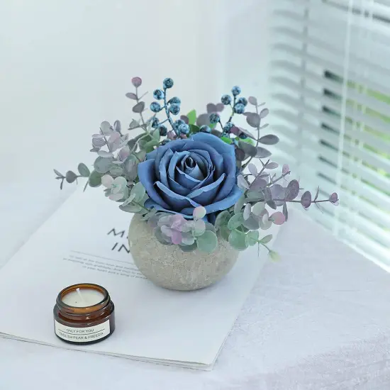 Artificial Flowers Kit with Pot, Combination of Fake Silk Blue Roses and Greenery,Small Plant Potted Decor for Offices,Bookshelf,Bedroom, Living Room,Party,Wedding Decorations&hellip; {4}