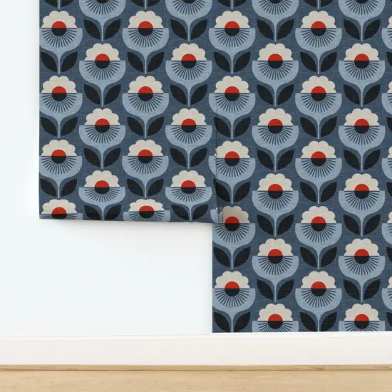 Pre-Pasted Wallpaper 2FT Wide Geometric Floral Blue Red Black Art Deco Scandinavian Modern Minimalist Mid Century Custom Pre-pasted Wallpaper by Spoonflower {2}
