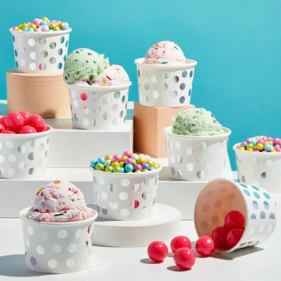 50 Pack Paper Ice Cream Cups for Frozen Yogurt, Disposable Dessert Bowls with Silver Foil Polka Dots (8 oz) White {2}