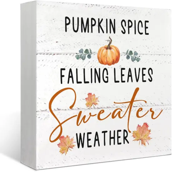 Fall Decor for Table Wood Box Sign Pumpkin Spice Falling Leaves {1}