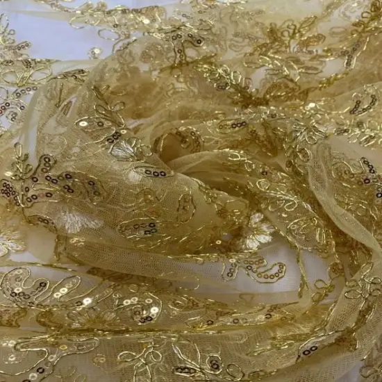 1 Yard Gold Corded Sequin Lace Mesh Fabric with Scalloped Edge 54&rdquo; Wide {4}