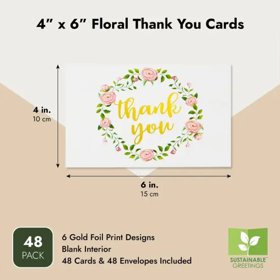 48-Count Thank You Cards with Envelopes, 6 Elegant Rose Flower Designs with Gold Foil Print for Wedding Baby and Bridal Shower Multicolor {3}