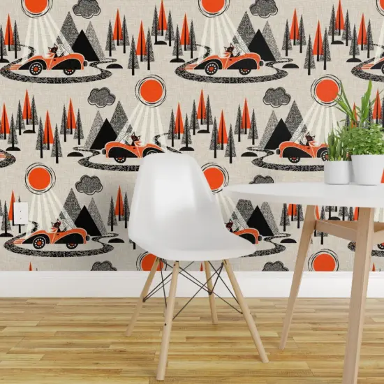 Pre-Pasted Wallpaper 2FT Wide Cat Mid Century Sun Car Forest Toile Mountains Modern De Jouy Custom Pre-pasted Wallpaper by Spoonflower {1}