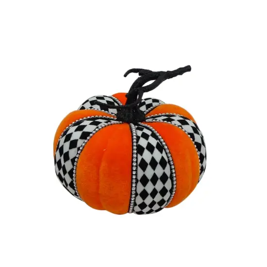 6&rdquo; Velvet Harlequin Pumpkin &ndash; Orange & Black Diamond Halloween Decor with Rhinestone Trim {1}
