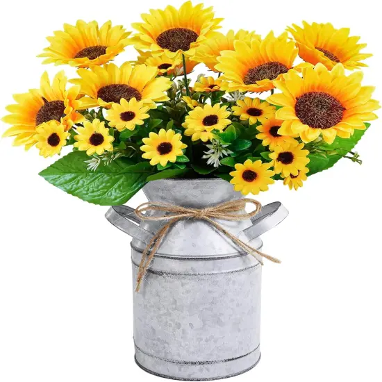 Summer Farmhouse Sunflowers &ndash; 13" Metal Milk Jug with Artificial Sunflower Bunches for Rustic Home & Kitchen Decor Floral Arrangements {1}