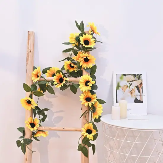 2 Pack Summer Artificial Sunflower Garlands &ndash; Bright Yellow Floral Vines with Butterflies & Green Leaves for Summer Wedding, Party, and Outdoor Decor {4}