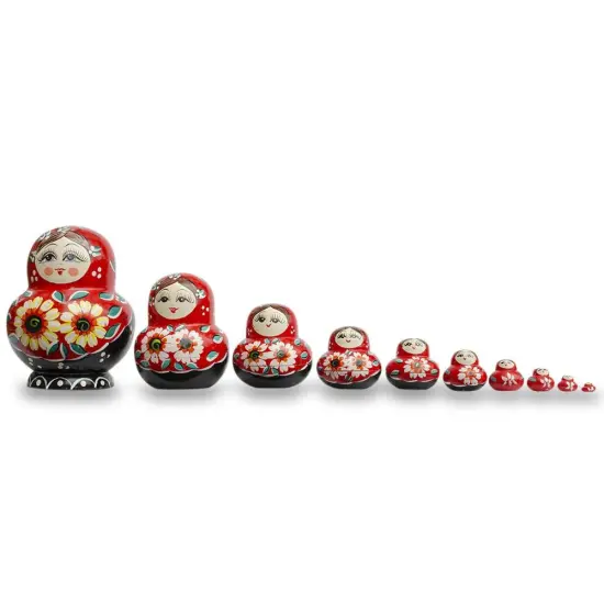 Set of 10 Daisy Flowers on Red Dress Nesting Dolls7 Inches {1}