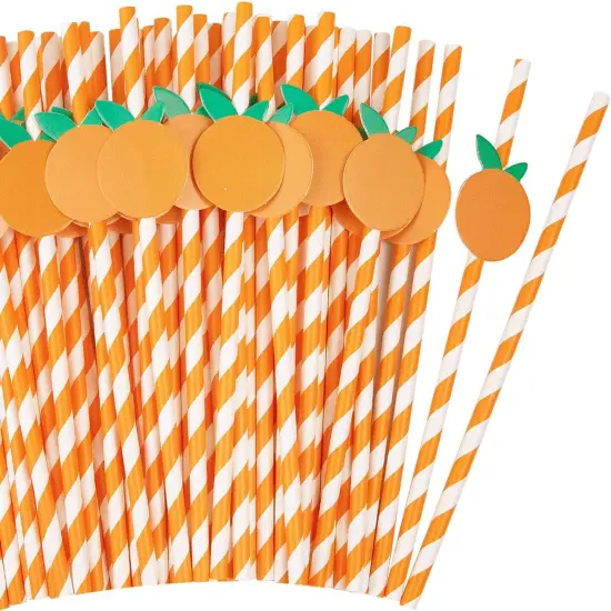 50 Pcs Orange Striped Paper Straws Disposable Drinking Straws Orange Fruit Straws for Fall Leaf Autumn Wedding Baby Shower Decorations Birthday Party Supplies {1}