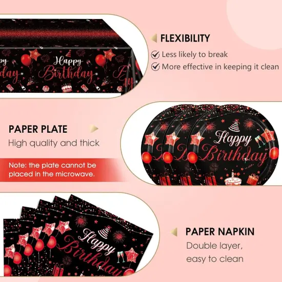 Red & Black Birthday Decorations - Party Supplies Set with Confetti Sprinkles, Includes Disposable Paper Plates & Napkins, Tablecloth for Boys & Girls {3}