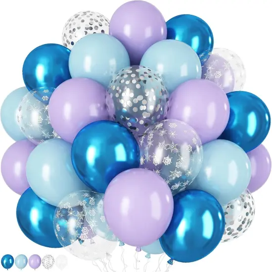 60Pcs Frozen Balloons, Dusty Light Blue Purple Metallic Dark Blue with Snowflake Clear Silver Confetti Latex Balloon for Girls Winter Wonderland Birthday Baby Shower Christmas Frozen Party Decorations {1}