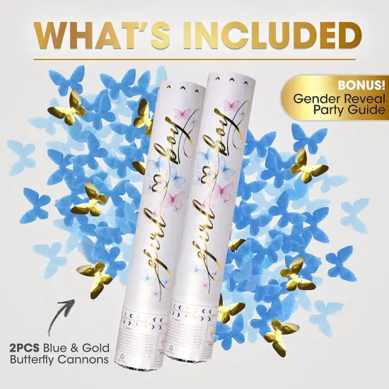 Gender Reveal Confetti Cannon - Butterfly Shaped Confetti Poppers - Blue 2 Pack - Baby Boy Gender Reveal Party Poppers Party Cannons Shooter Blaster {3}