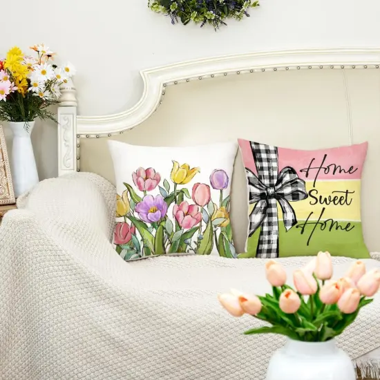 Spring Summer Throw Pillow Covers 18x18 Inch Set of 4, Floral Tulips Striped Bow Home Sweet Bless Our Farmhouse Decorative for Decoration G510-18 {3}
