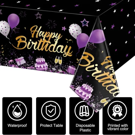 3 Pack Birthday Party Supplies Confetti Sprinkles Happy Birthday Tablecloths Starry Table Covers for Kids Adults Party Decorations, 54 x 108 Inches (Purple and Black) {4}