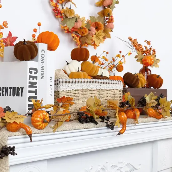 15PCS Artificial Fall Flocked Pumpkins Tabletop Decor {3}