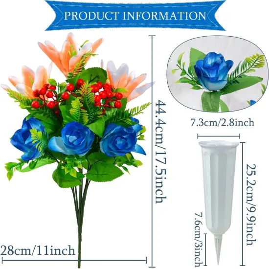 Artificial Cemetery Flowers for Grave, Set of 2 Artificial Flowers Bouquet Memorial Flowers with Vase for Outdoor Cemetery Headstones Graveyard Gravestone Decoration {2}