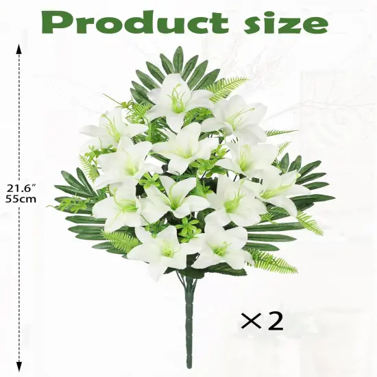 Artificial Cemetery Flowers for Grave, Set of 2 Silk White Faux Lily Bouquet Flowers Outdoor Graveyard Memorial Flowers for Cemetery Headstones Decoration {2}