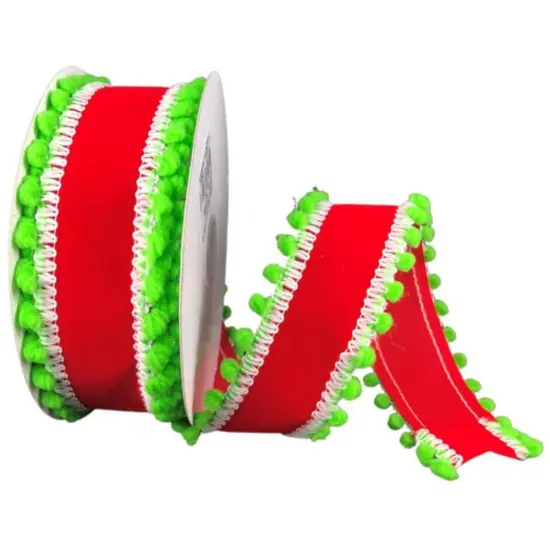 1.5" Red Velvet Pom Ribbon: Lime Green (10 Yards) {1}