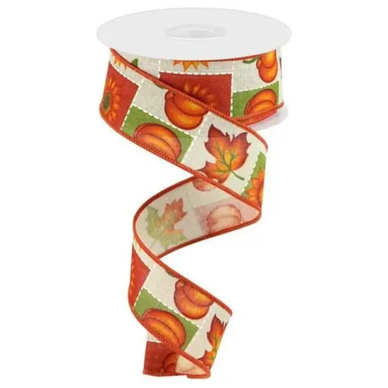 1.5" Pumpkin Sunflower and Maple Leaf Ribbon: Lt Natural (10 Yards) {1}