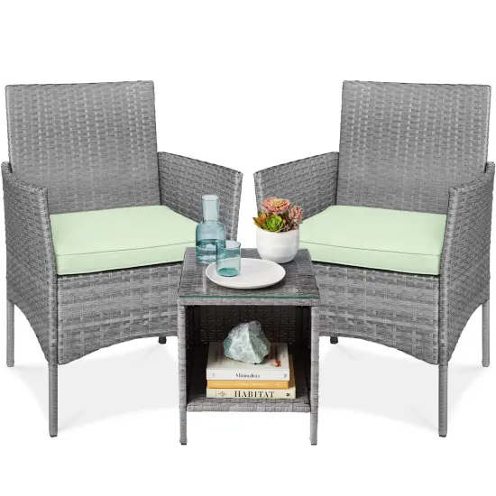 Best Choice Products 3-Piece Outdoor Wicker Conversation Patio Bistro Set, w/ 2 Chairs, Table Gray/Light Mint {1}