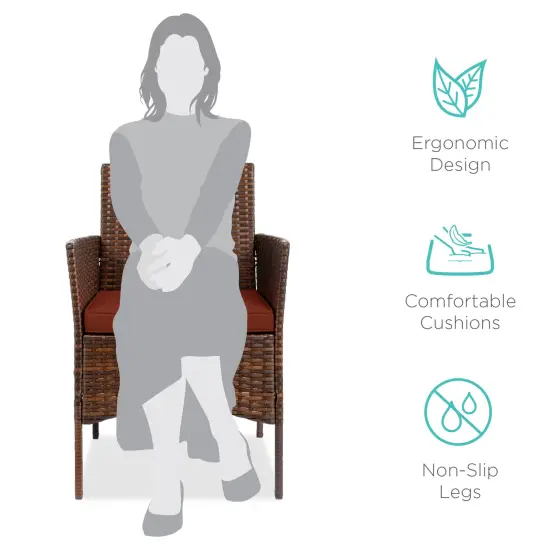 Best Choice Products 3-Piece Outdoor Wicker Conversation Patio Bistro Set, w/ 2 Chairs, Table Brown/Dark Rust {2}