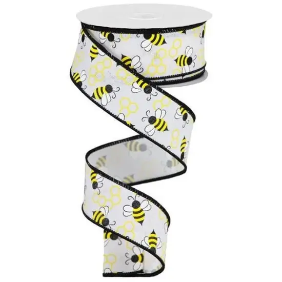1.5" Mini Bumblebees on Royal Ribbon: White (10 Yards) {1}