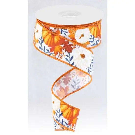 1.5" Pumpkin Foliage Ribbon: White/Navy (10 Yards) {3}