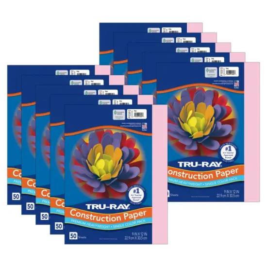 Construction Paper, Heavyweight, Pink, 9" x 12", 50 Sheets Per Pack, 10 Packs {1}