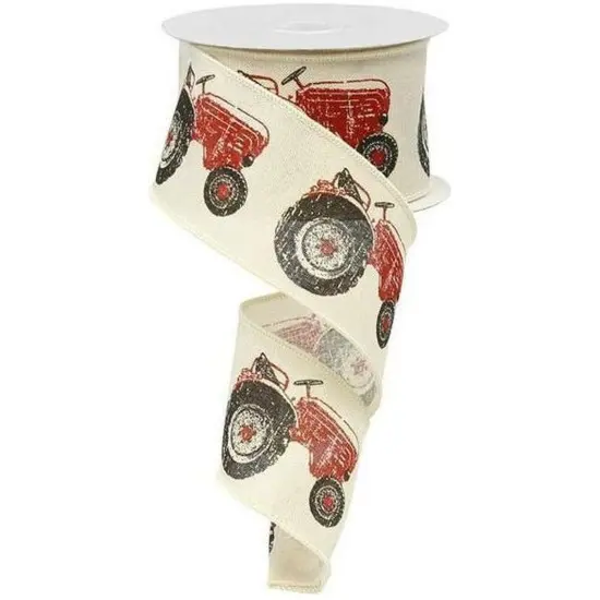 2.5" Tractor on Royal Burlap Ribbon: Cream & Red (10 Yards) {1}