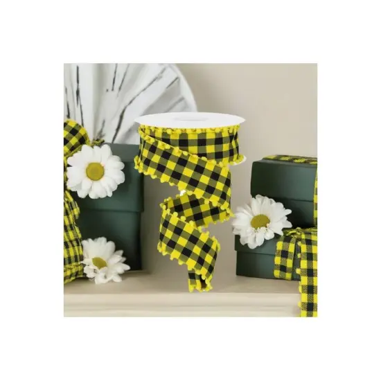 1.5" Check with Poms Ribbon: Yellow (10 Yards) {2}