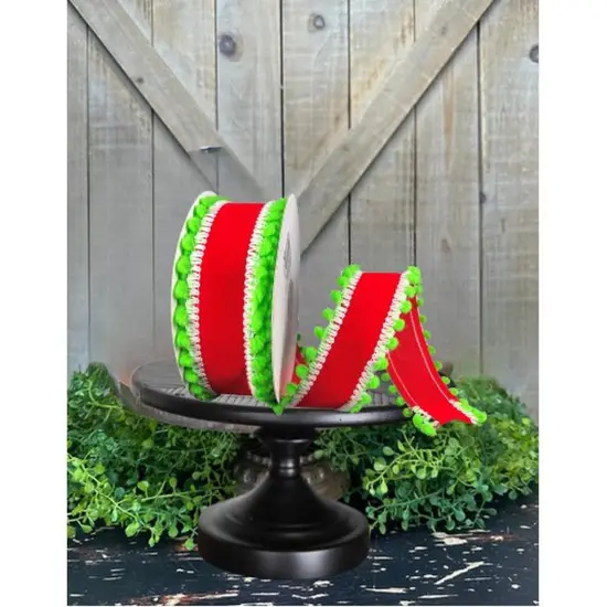 1.5" Red Velvet Pom Ribbon: Lime Green (10 Yards) {2}