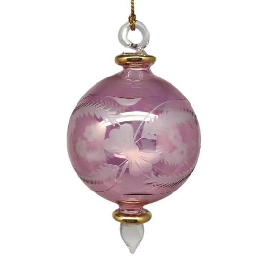 Etched Blown Glass Ball Ornament - Pink {1}