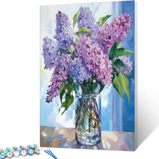 Paint by Number Blue Lilac in a Glass Vase Flowers DIY Painting On Canvas with Brushes Acrylic Paints Graffiti Paint by Numbers for Adults Kids Students Beginner 16x20 Inch（Without Frame） {2}