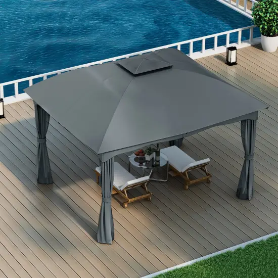 Polyester and Steel Gazebo with Mesh Walls, Curtains and Double Roof Grey {2}